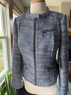 DKNY Blue and White Tweed Zip-Front Blazer